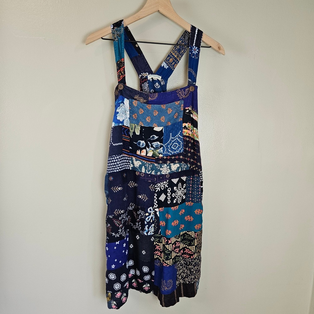 Earthbound Trading Co Patchwork Hippie Jumper Overall‎ Dress Sz M Blue Navy